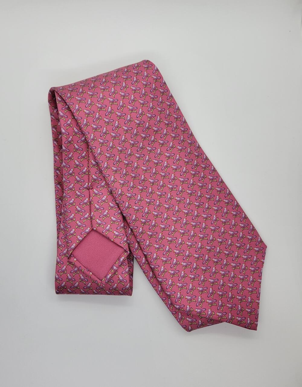 Hermes Paris Men's Silk Tie Pink Bird and H Logo Micro-Print Luxury